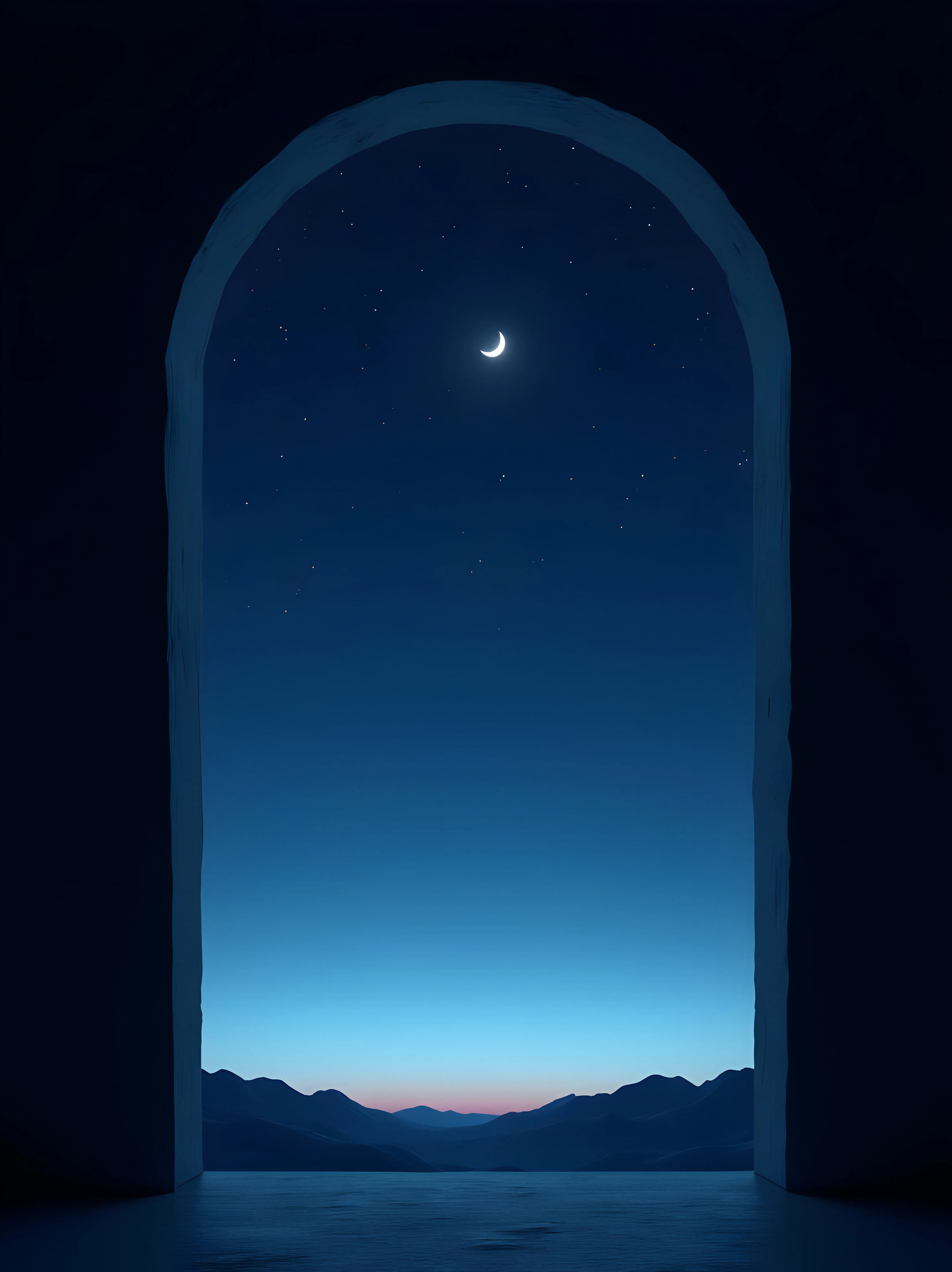 A crescent moon above a distant landscape framed by a prayer arch